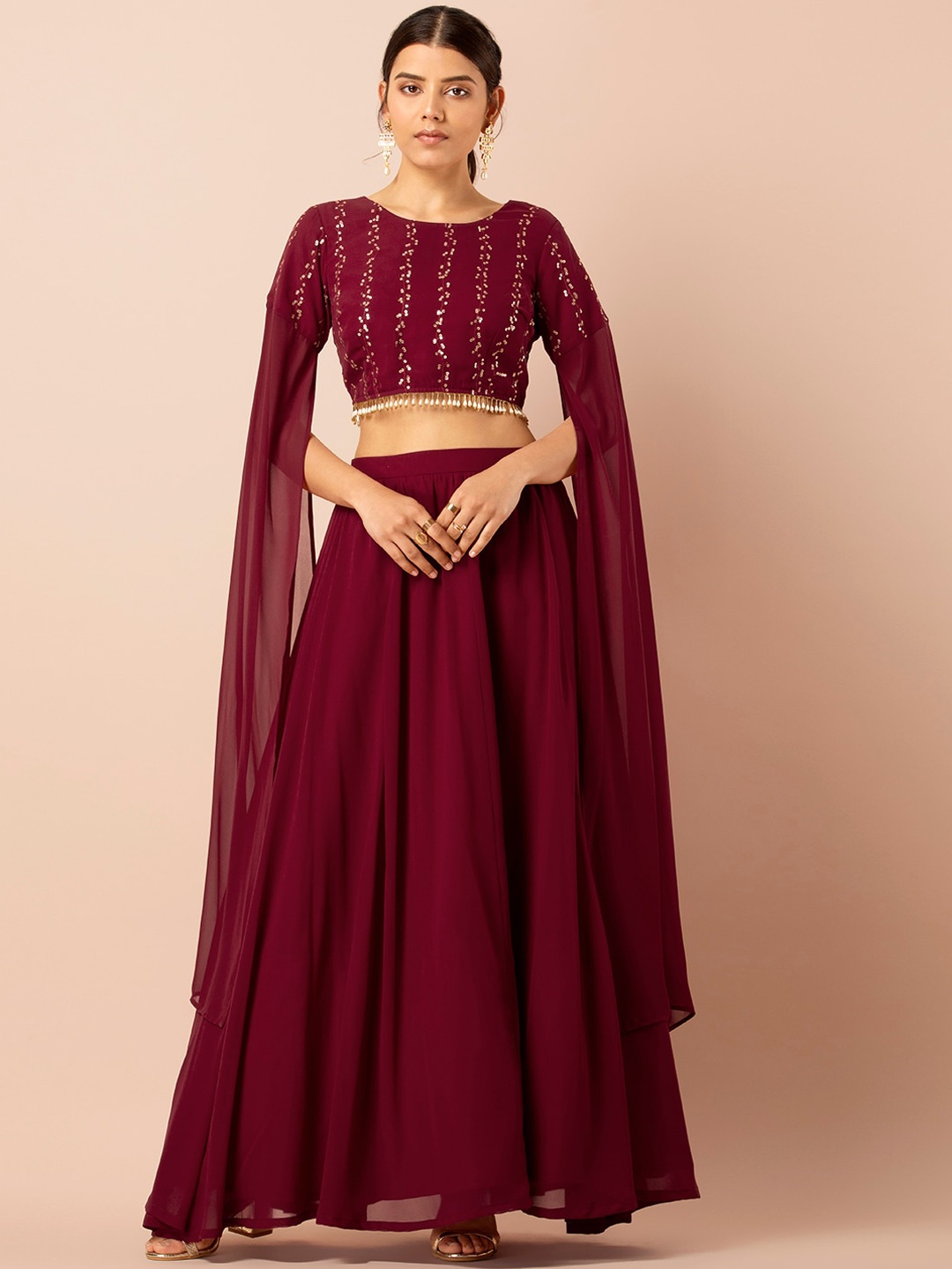 

INDYA Women Maroon Embellished Cape Top