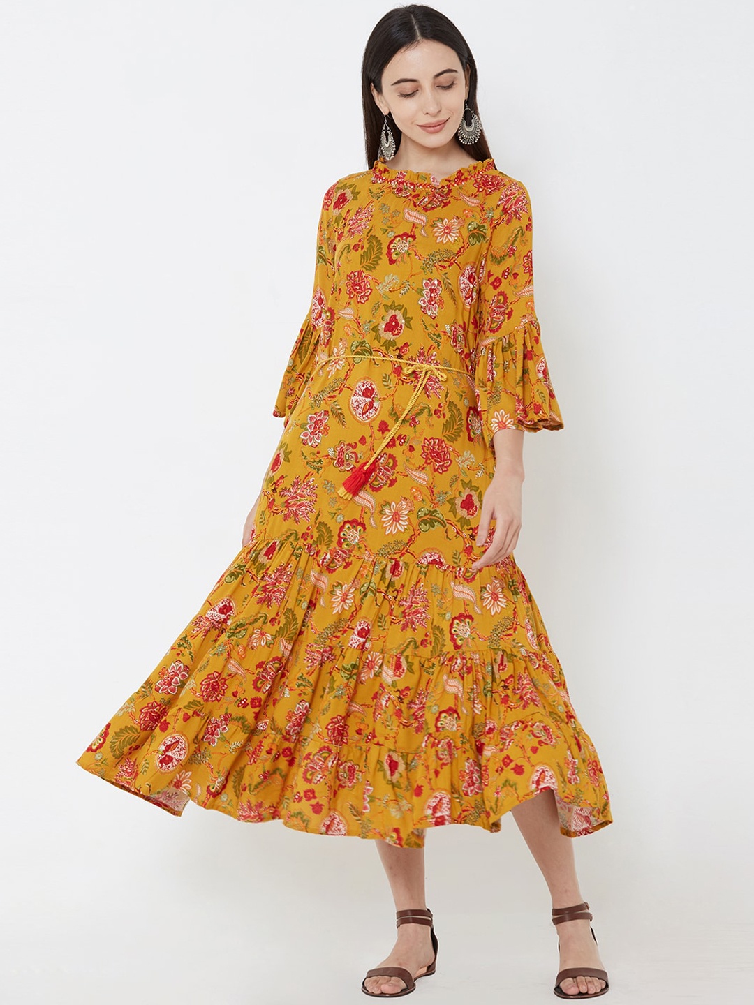 

FASHOR Women Mustard Yellow Printed A-Line Dress