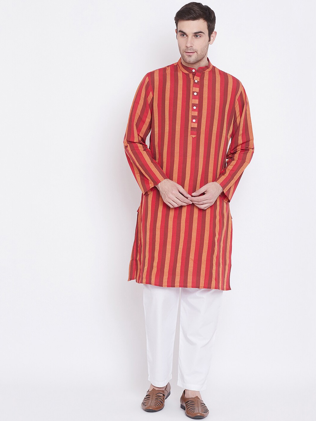 Tulsattva Men Red & White Striped Kurta with Dhoti Pants