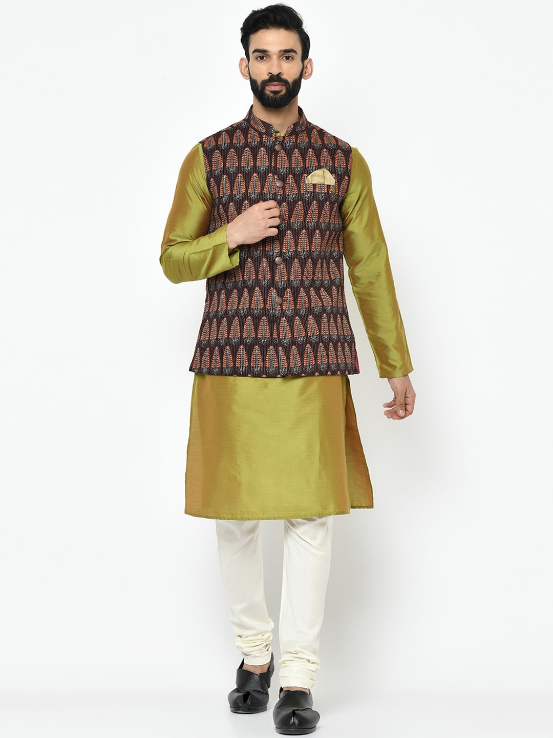 KISAH Men Brown & Cream-Coloured Solid Kurta with Pyjamas
