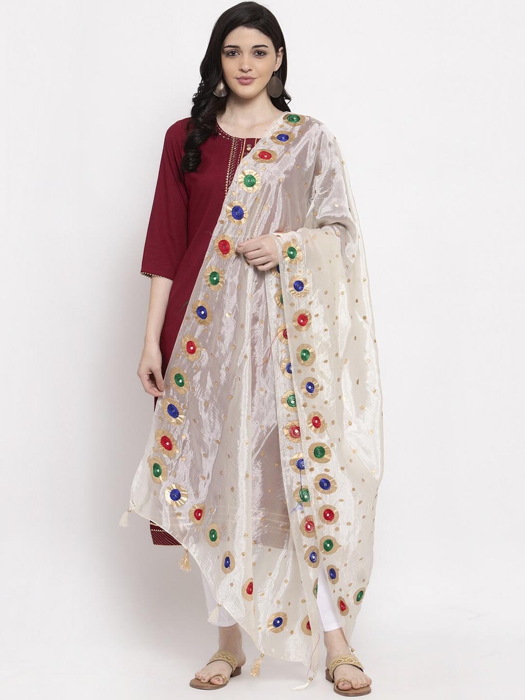 

Clora Creation Cream-Coloured & Gold-Toned Embroidered Dupatta