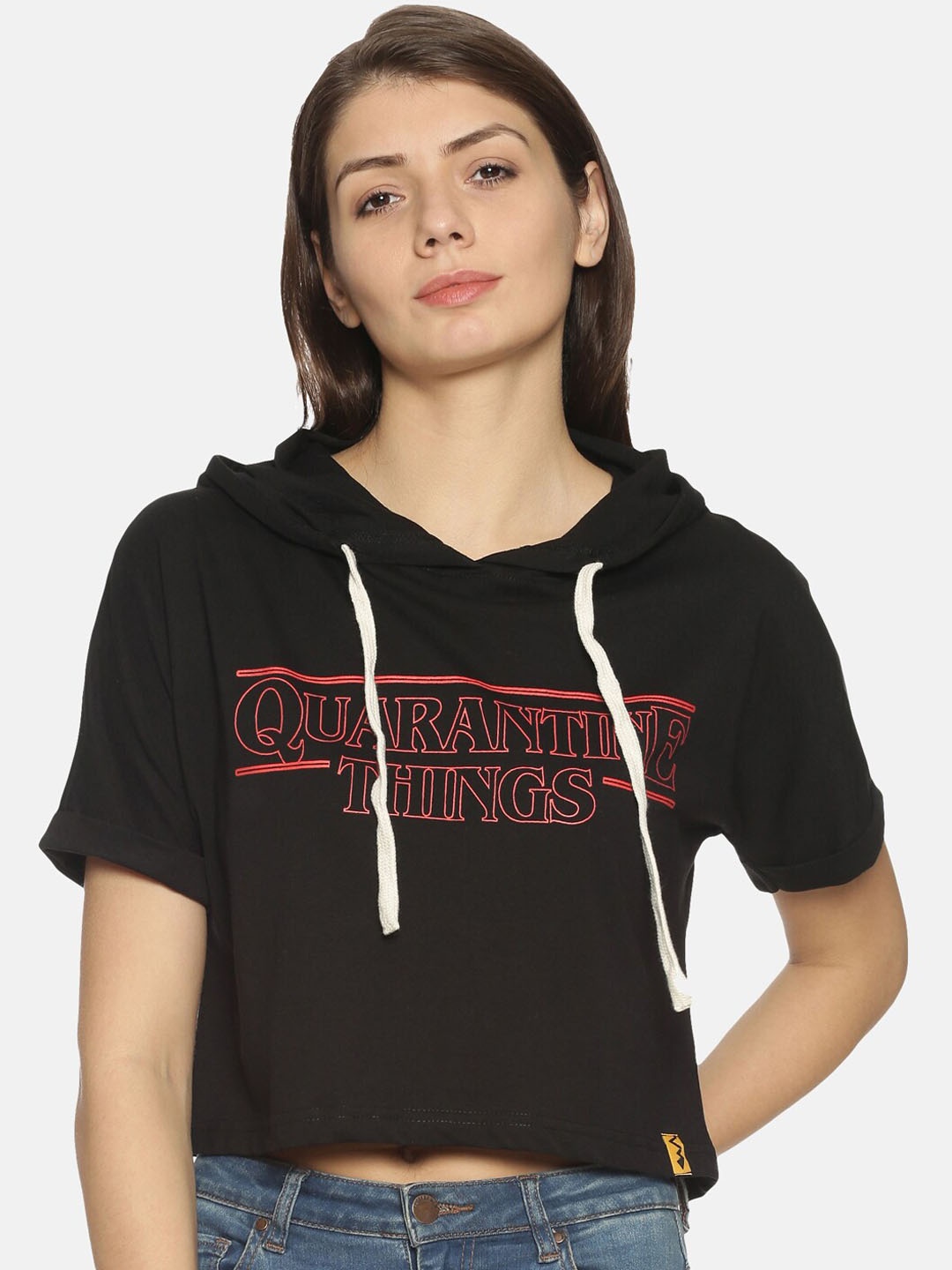 

Campus Sutra Women Black Printed Hooded Crop Top