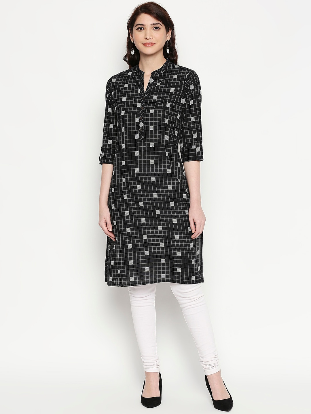 

RANGMANCH BY PANTALOONS Women Black & Grey Checked Straight Kurta