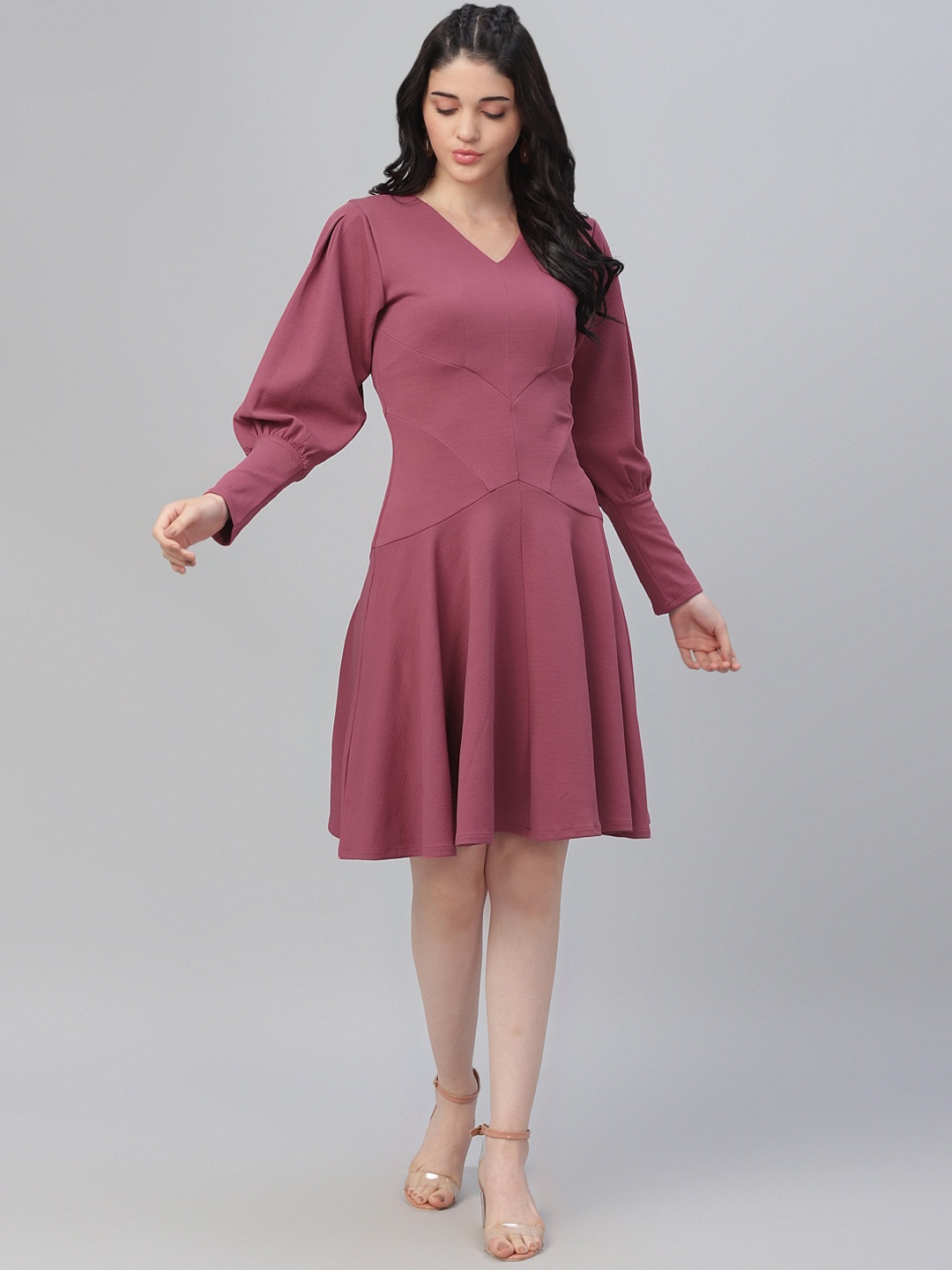 

Athena Women Mauve Solid Fit and Flare Dress