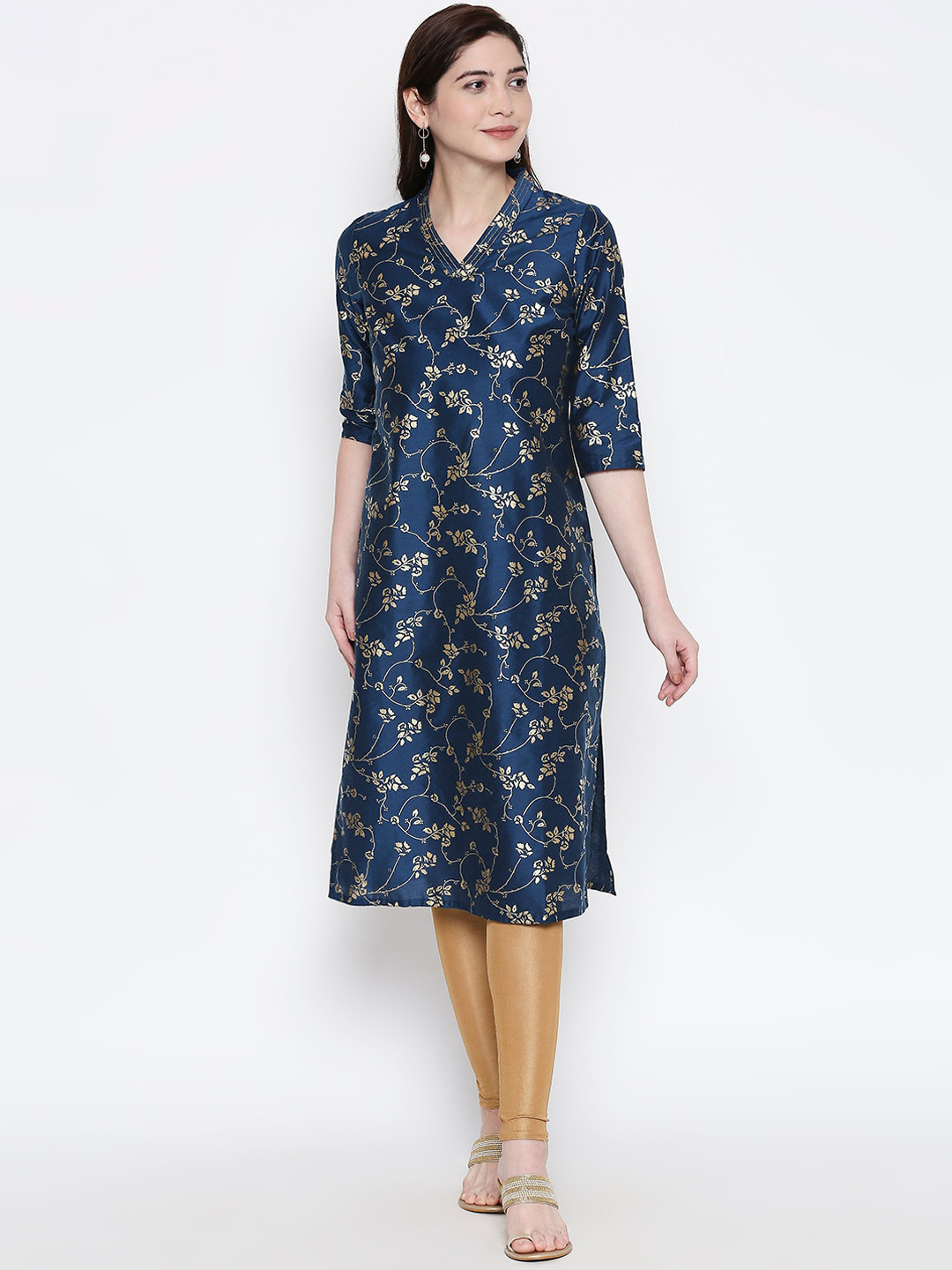 

RANGMANCH BY PANTALOONS Women Navy Blue & Gold-Toned Printed Straight Kurta