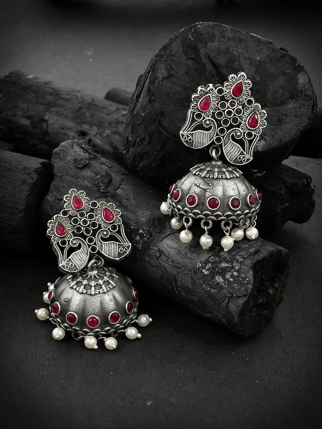 

Silvermerc Designs Silver-Toned & Pink Dome Shaped Jhumkas