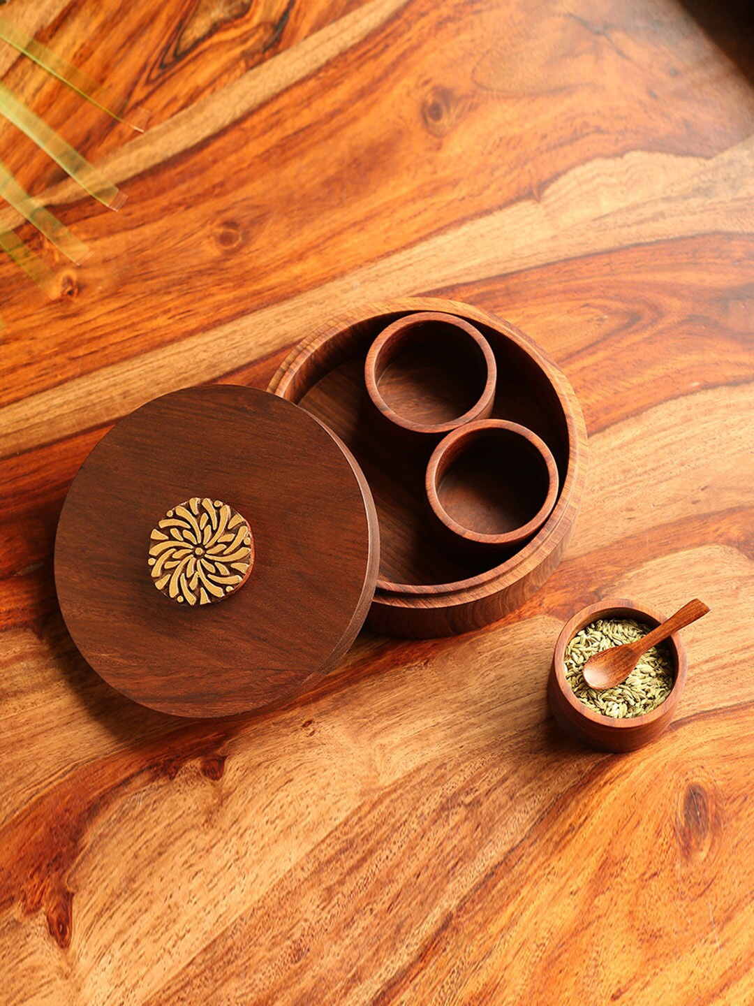 

ExclusiveLane Three Containers Brown Handcrafted Wood-Based Refreshments Box with Spoon