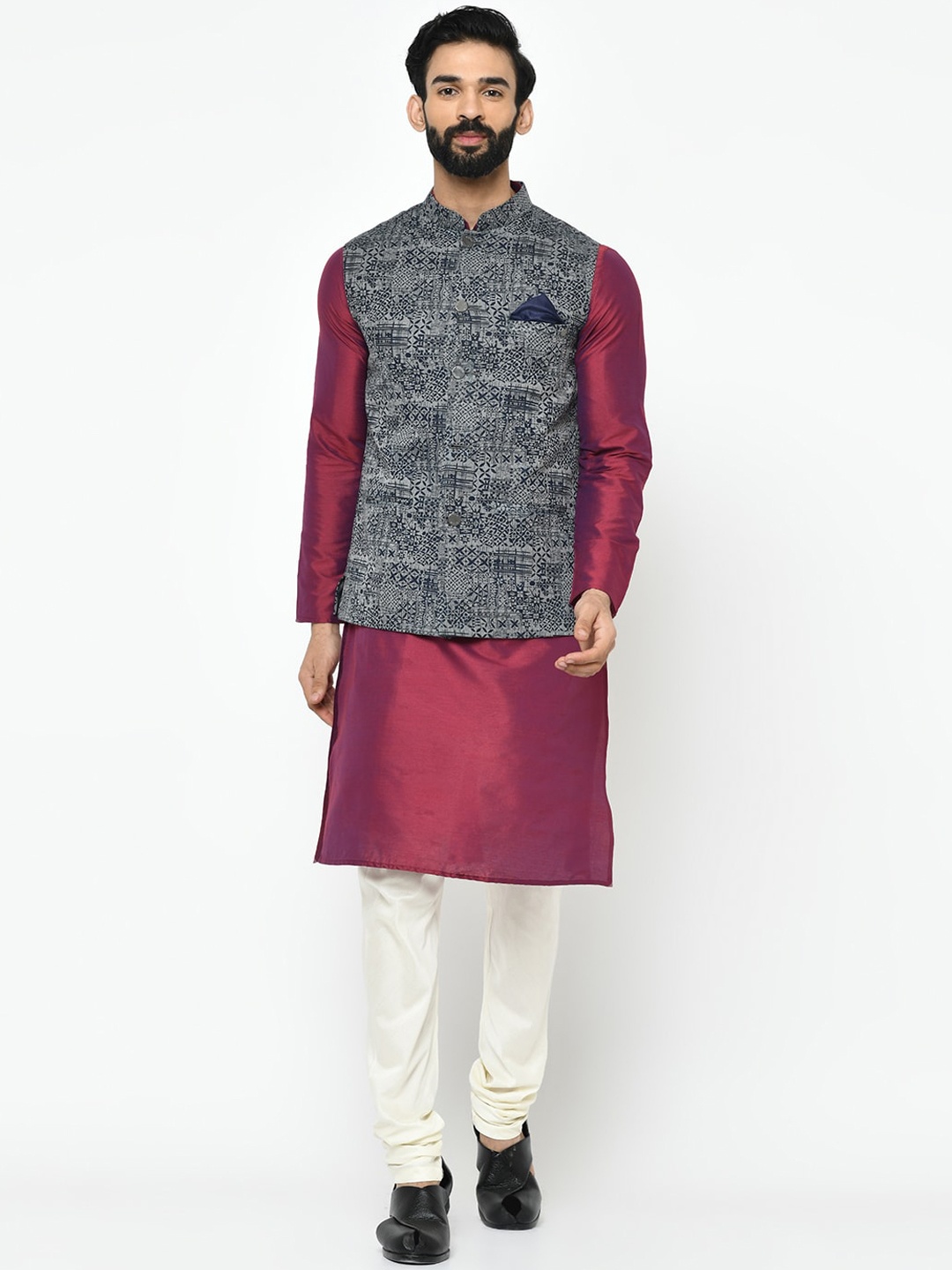 

KISAH Men Maroon & White Solid Kurta with Pyjamas & Nehru Jacket