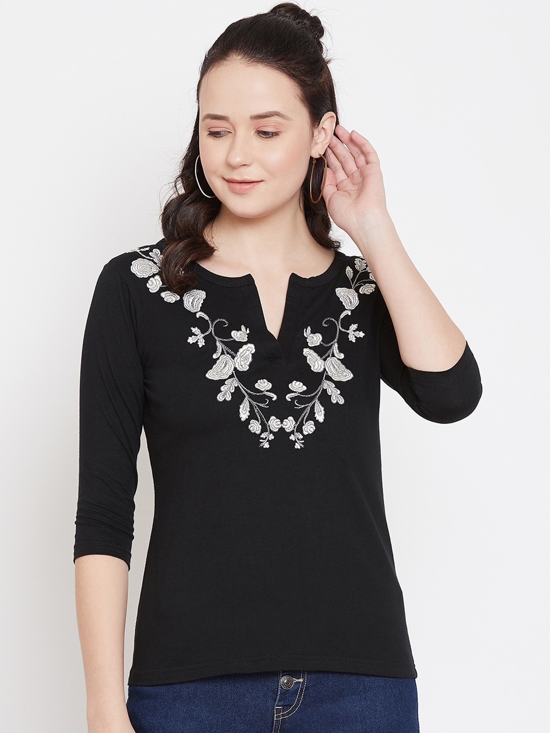 

Hypernation Women Black & Off-White Printed Polo Collar T-shirt
