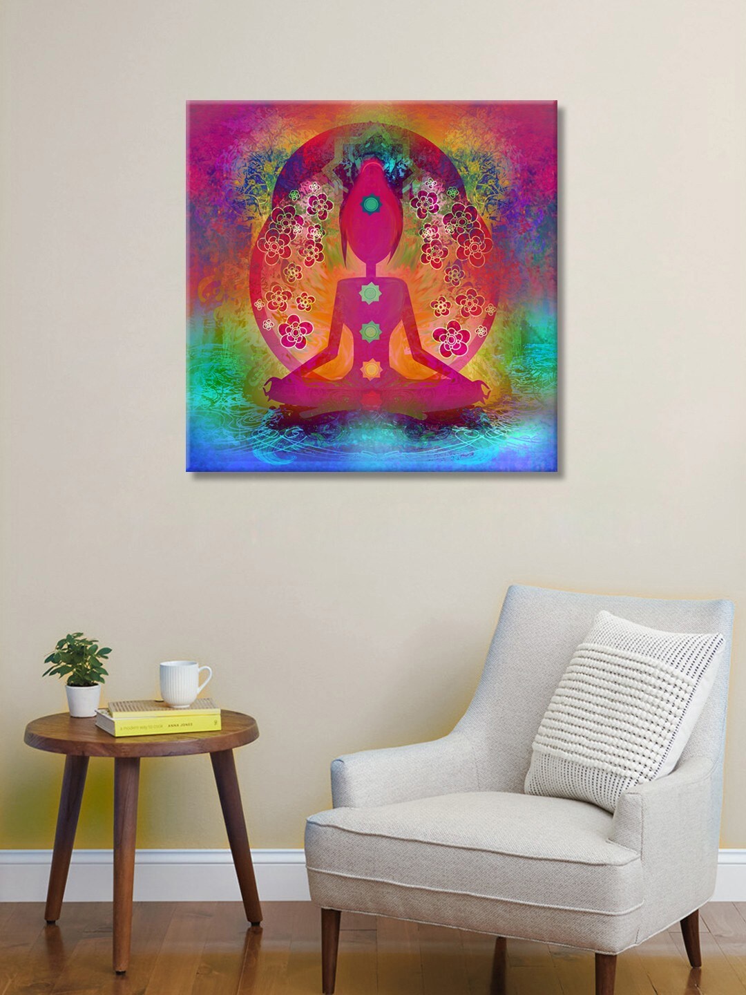 

999Store Pink & Green Lotus Position Buddha Backgroud & Flowers Wall Painting