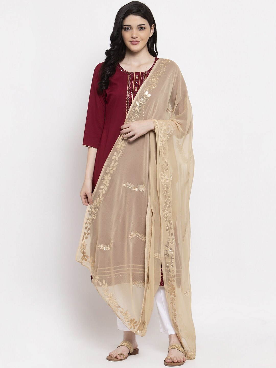 Clora Creation Beige & Gold-Toned Woven Design Dupatta