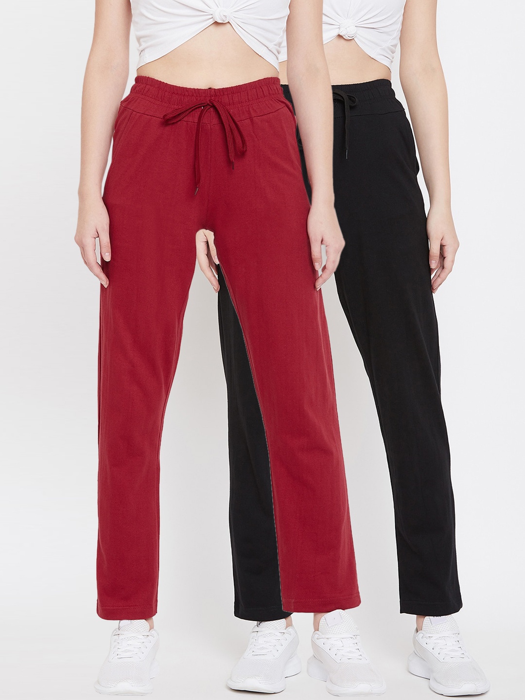 

StyleStone Women Set of 2 Black & Maroon Solid Track Pants