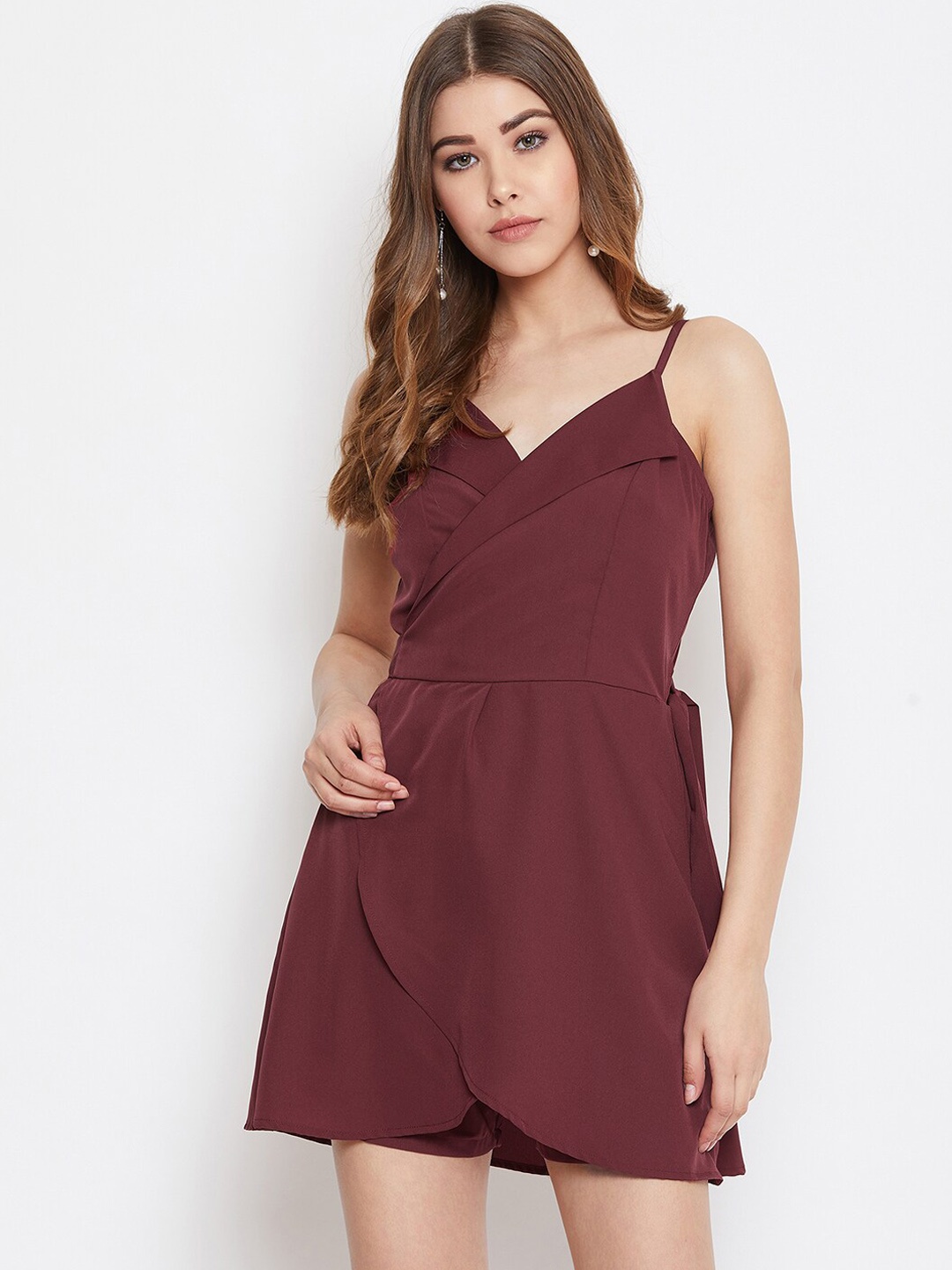 

Berrylush Women Burgundy Solid Layered Playsuit