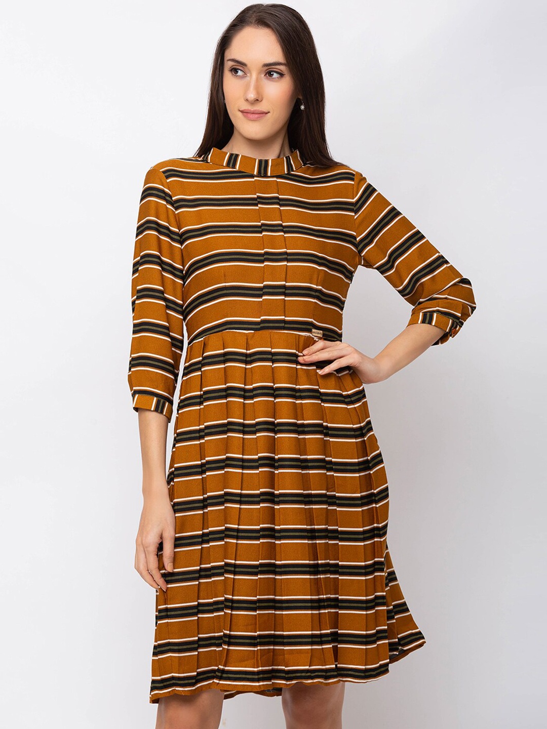 

SHECZZAR Women Mustard & Black Striped Fit and Flare Dress