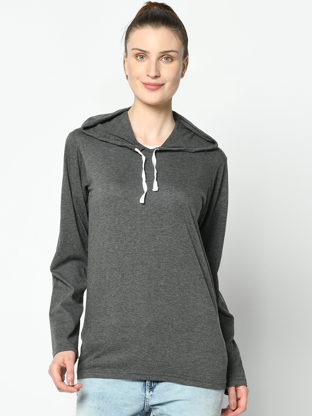 

VIMAL JONNEY Women Grey Solid Hood T-shirt