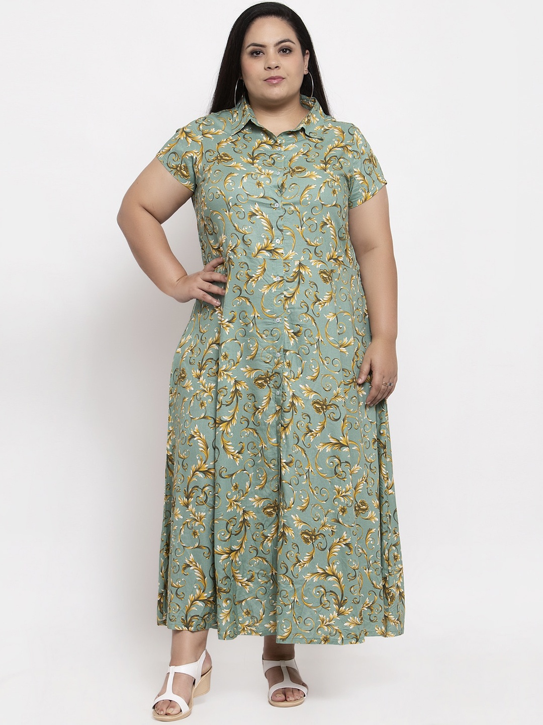 

plusS Women Sea Green Printed Shirt Dress