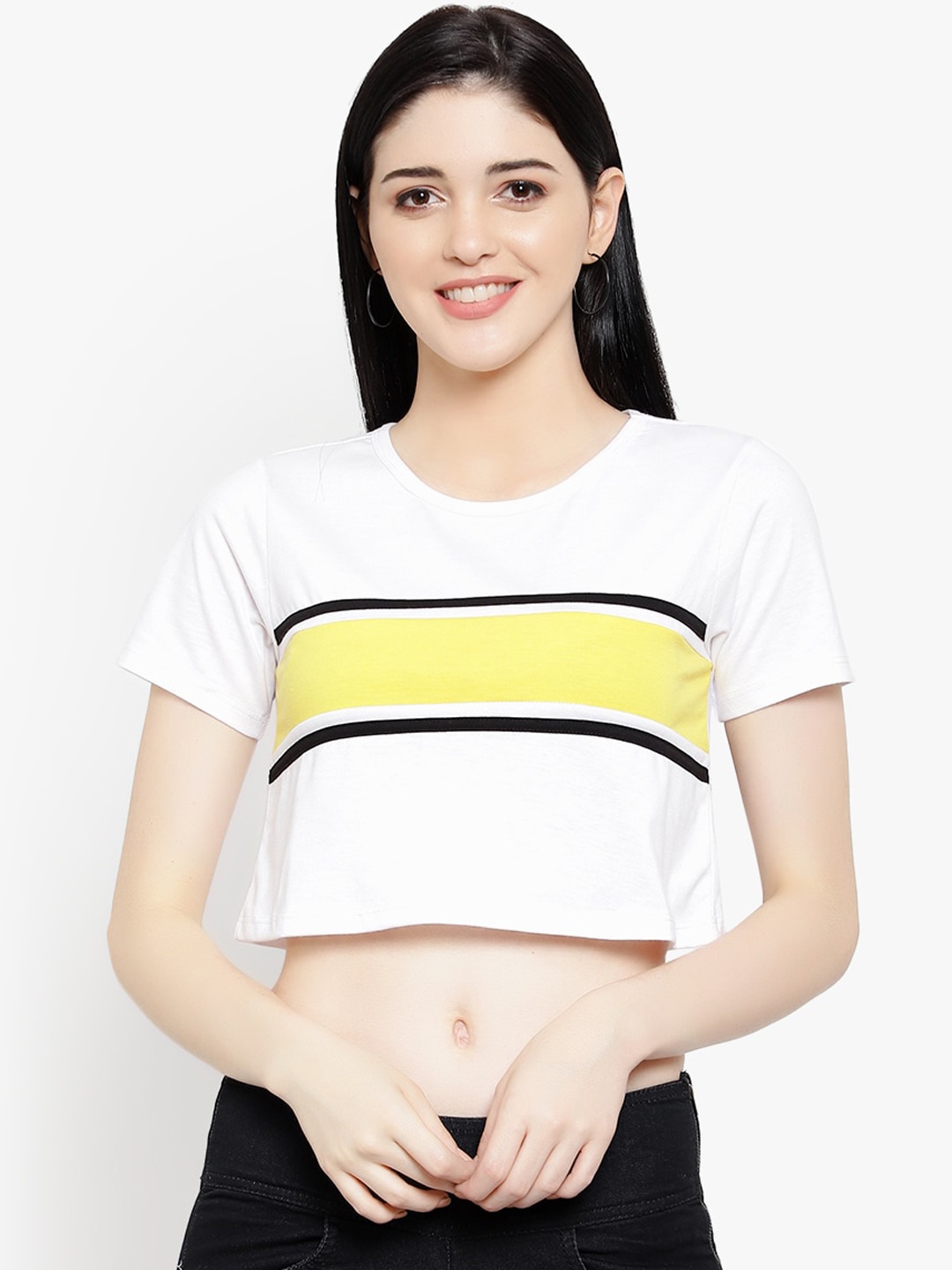 LE BOURGEOIS Women White & Yellow Colourblocked Top