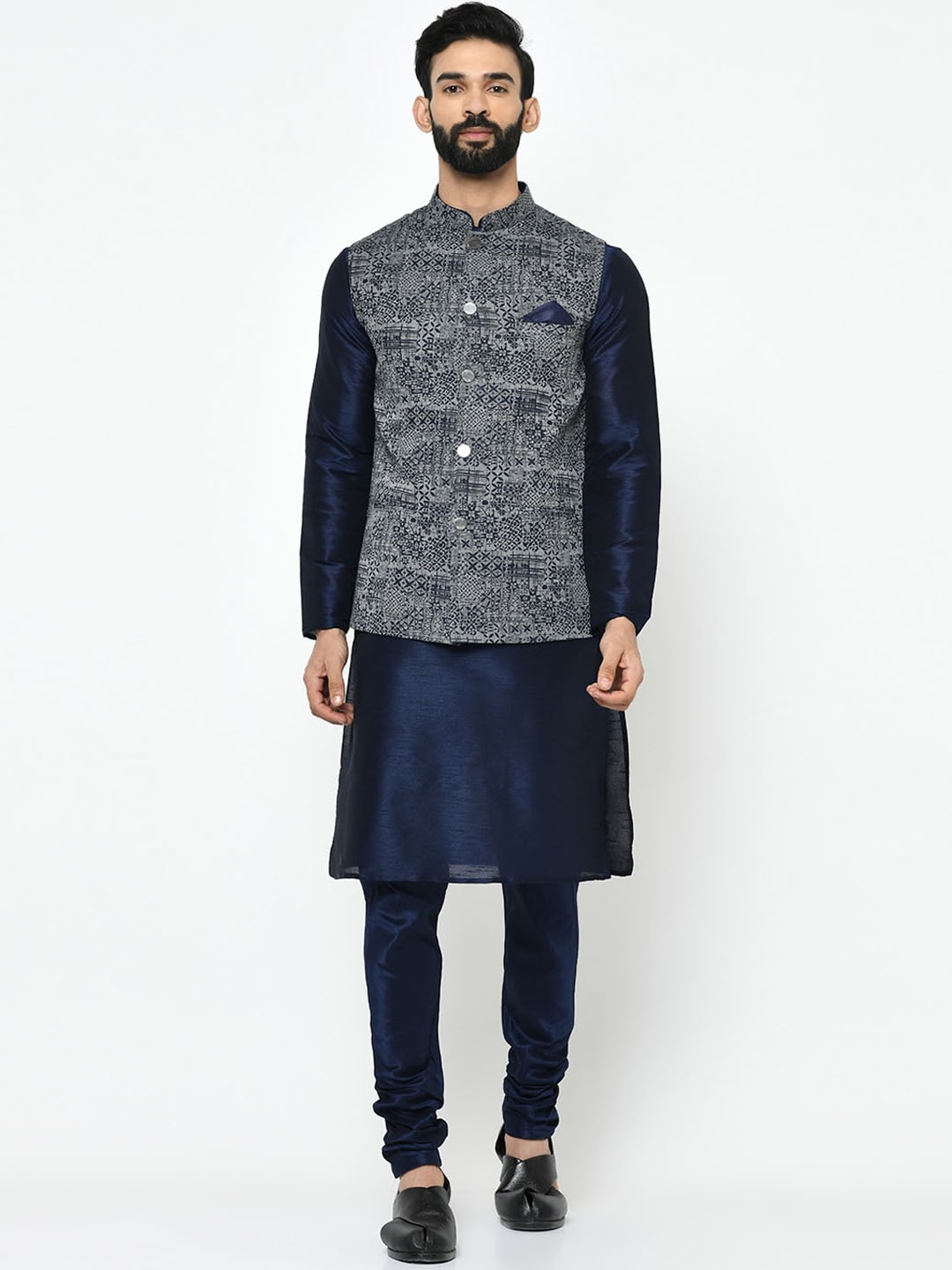 

KISAH Men Navy Blue & Grey Solid Kurta with Pyjamas