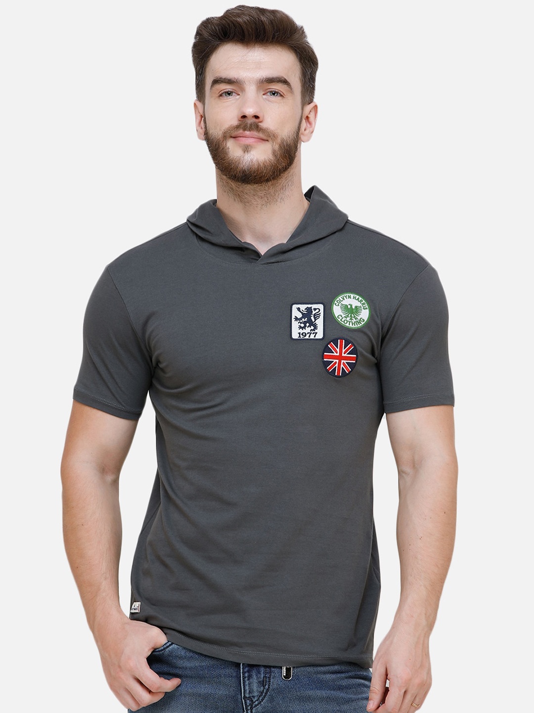 

COLVYNHARRIS JEANS Men Grey Solid Hood T-shirt