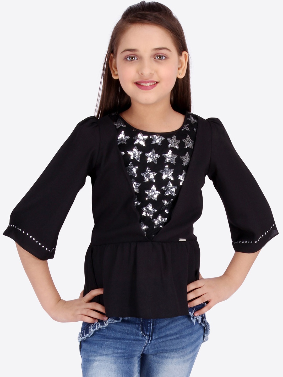 

CUTECUMBER Girls Black Embellished Peplum Top