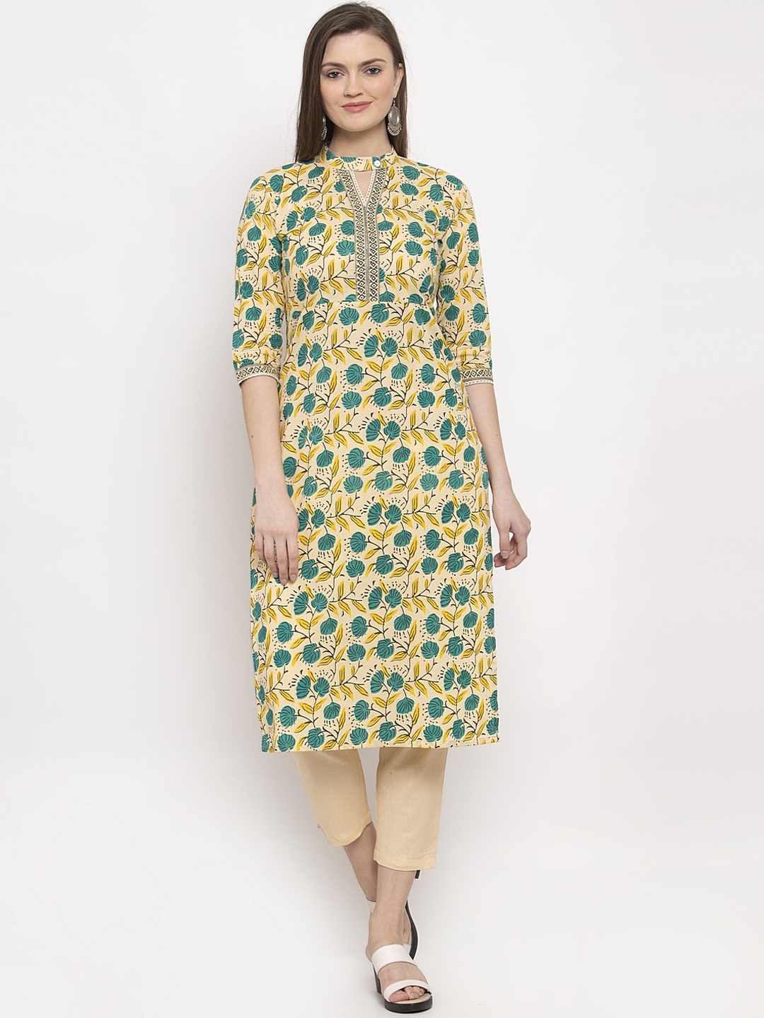 

Indibelle Women Cream-Coloured Floral Printed A-Line Kurta