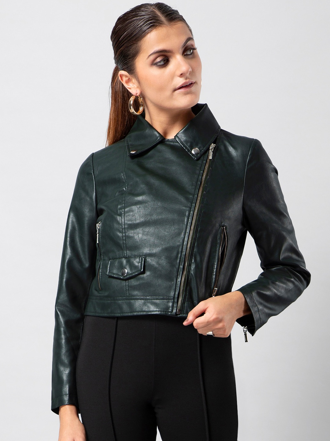 

FabAlley Women Green Solid Lightweight Biker Jacket
