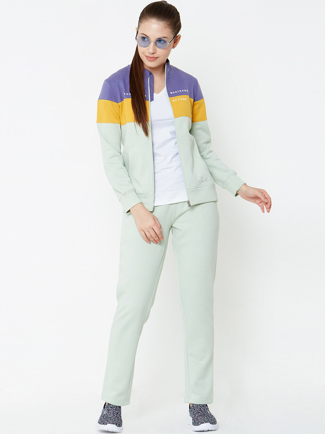 

Sweet Dreams Women Green & Purple Colourblocked Tracksuit