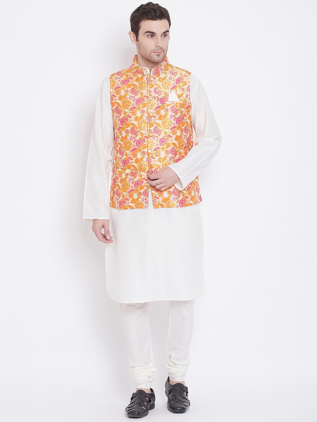 

Tulsattva Men White & Yellow Solid Kurta with Churidar and Nehru Jacket