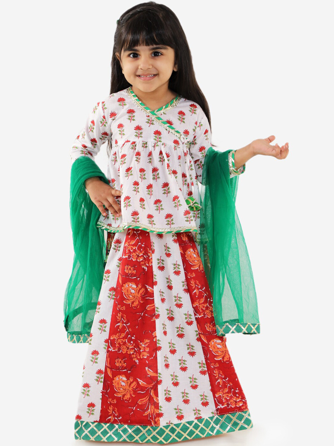 

KID1 Girls White & Red Printed Ready to Wear Lehenga & Blouse with Dupatta