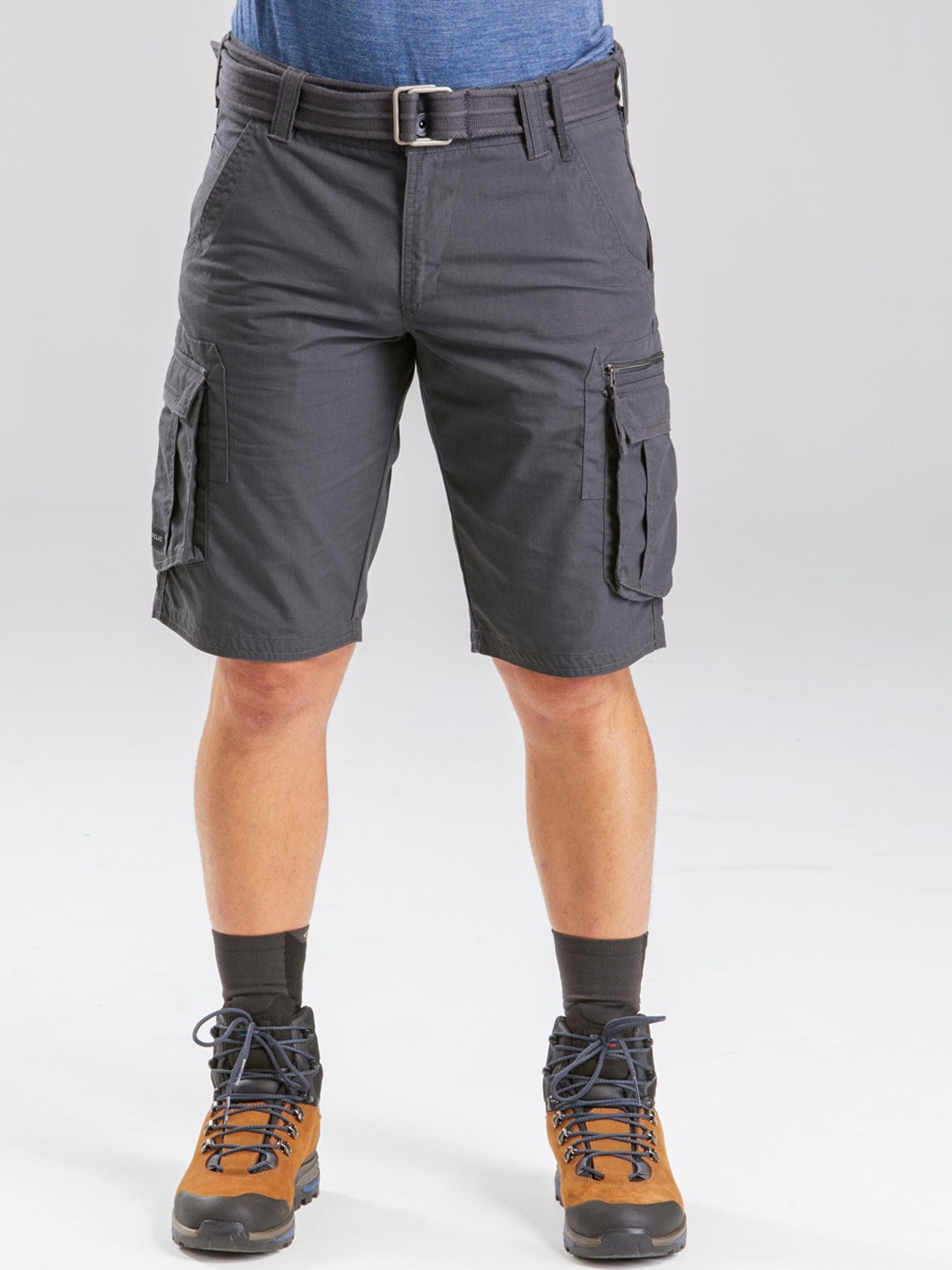 

FORCLAZ By Decathlon Men Dark Grey Multipocket Cotton Cargo Travel Shorts