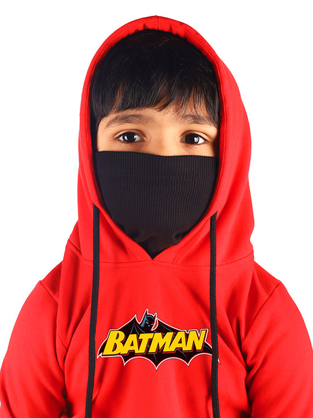 

YK Justice League Boys Red Batman Printed Hooded Sweatshirt With Attached Face Covering