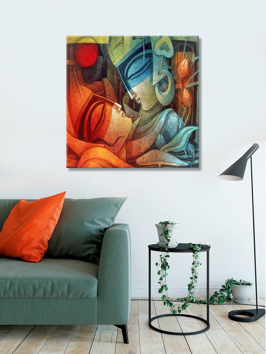 

999Store Orange & Blue Modern Radha Krishna Mural Wall Painting