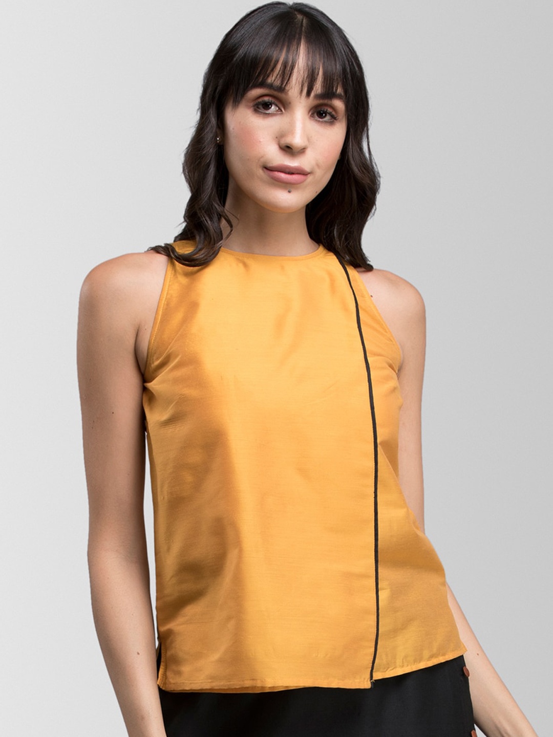 

FableStreet Women Mustard Yellow Solid Pure Cotton Top