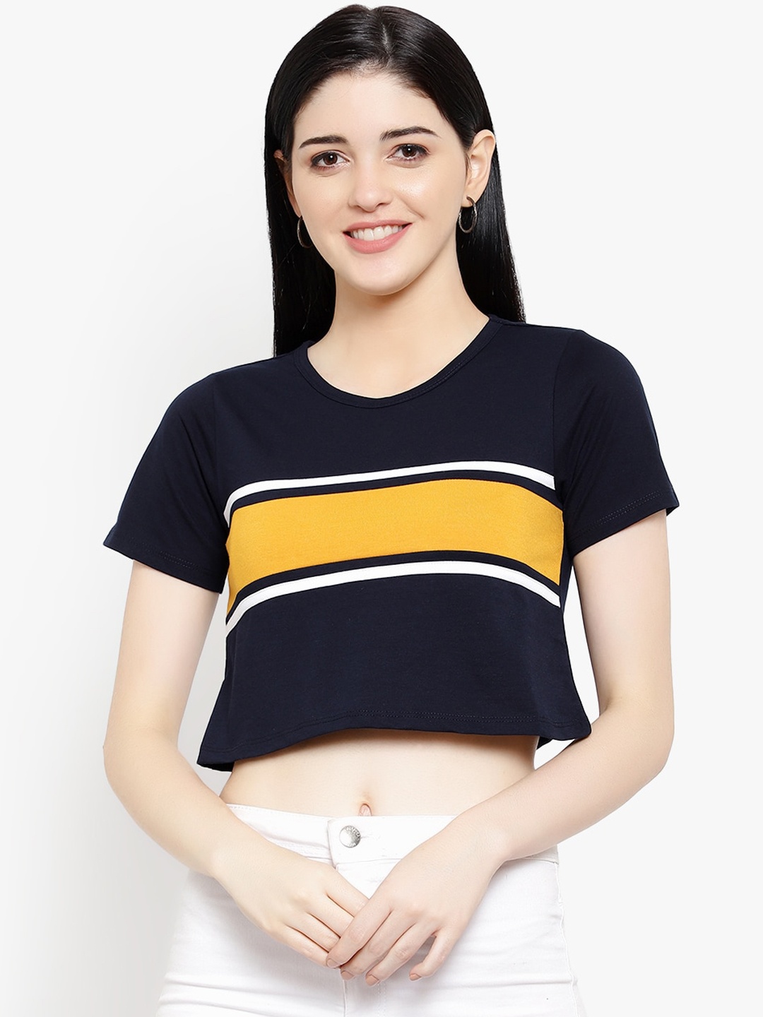 

LE BOURGEOIS Women Navy Blue Striped Top