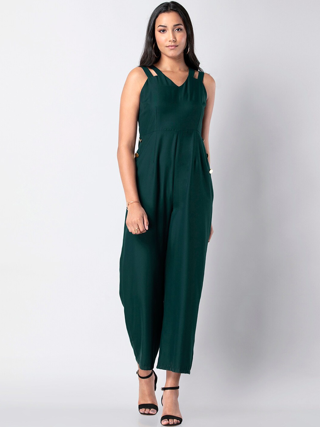 

FabAlley Women Bottle Green Solid Basic Jumpsuit