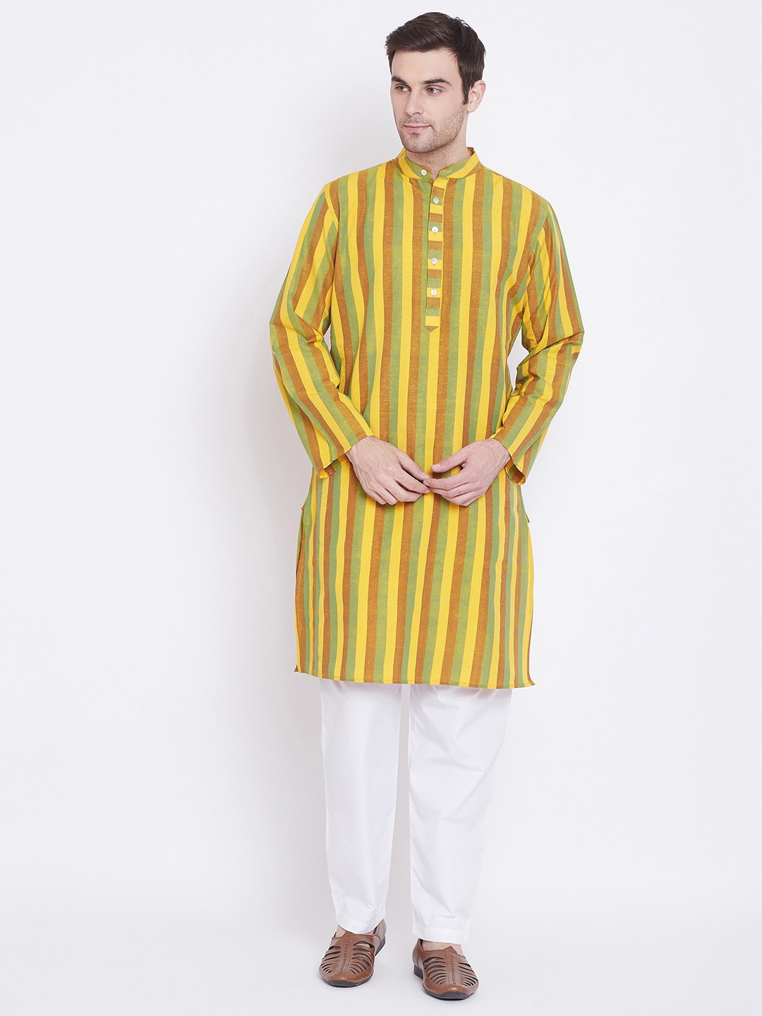 

Tulsattva Men Yellow & White Striped Kurta with Pyjamas