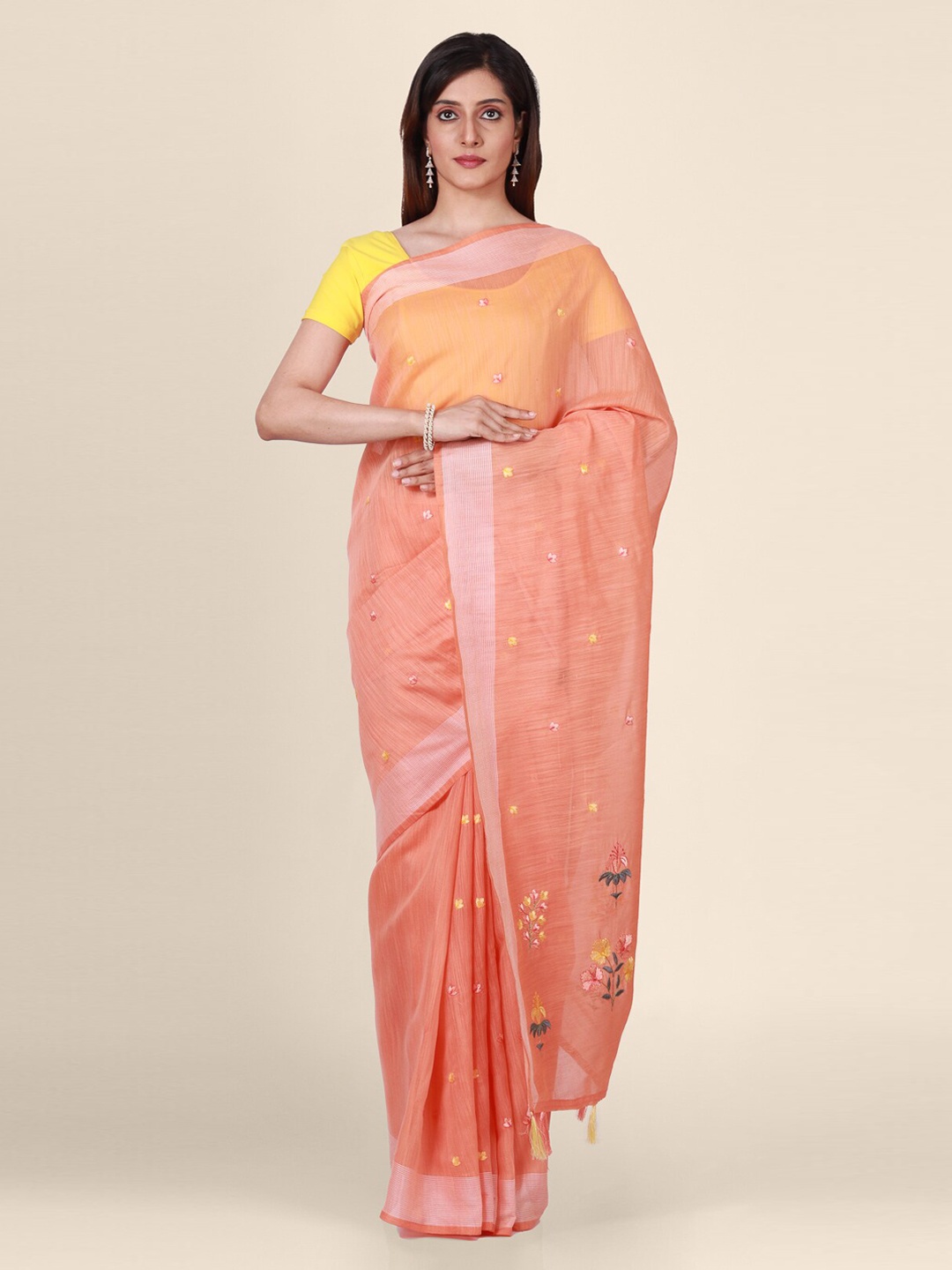 

CLAI WORLD Peach-Coloured & Yellow Tissue Checked Saree