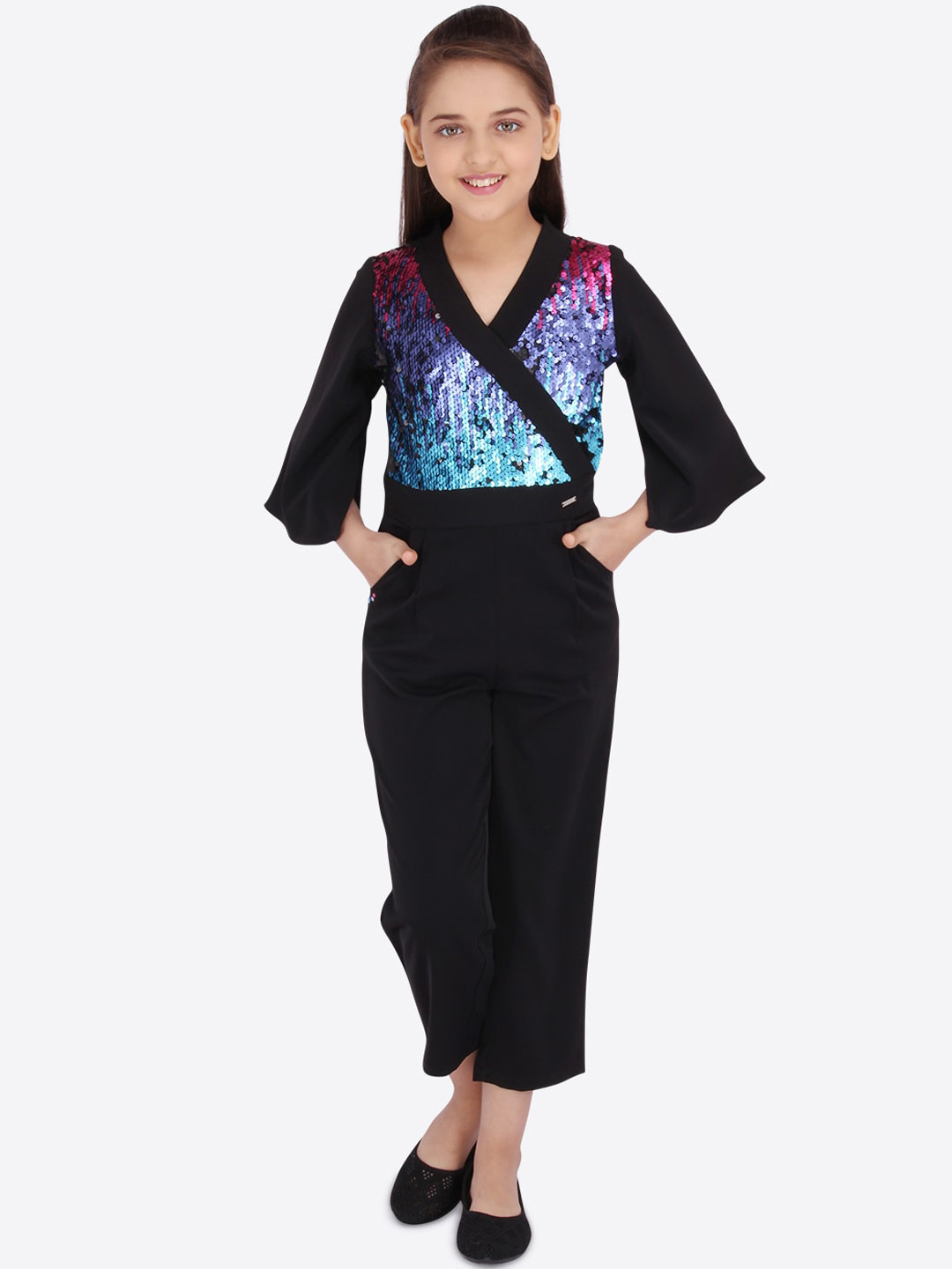 

CUTECUMBER Girls Black & Blue Solid Culotte Jumpsuit