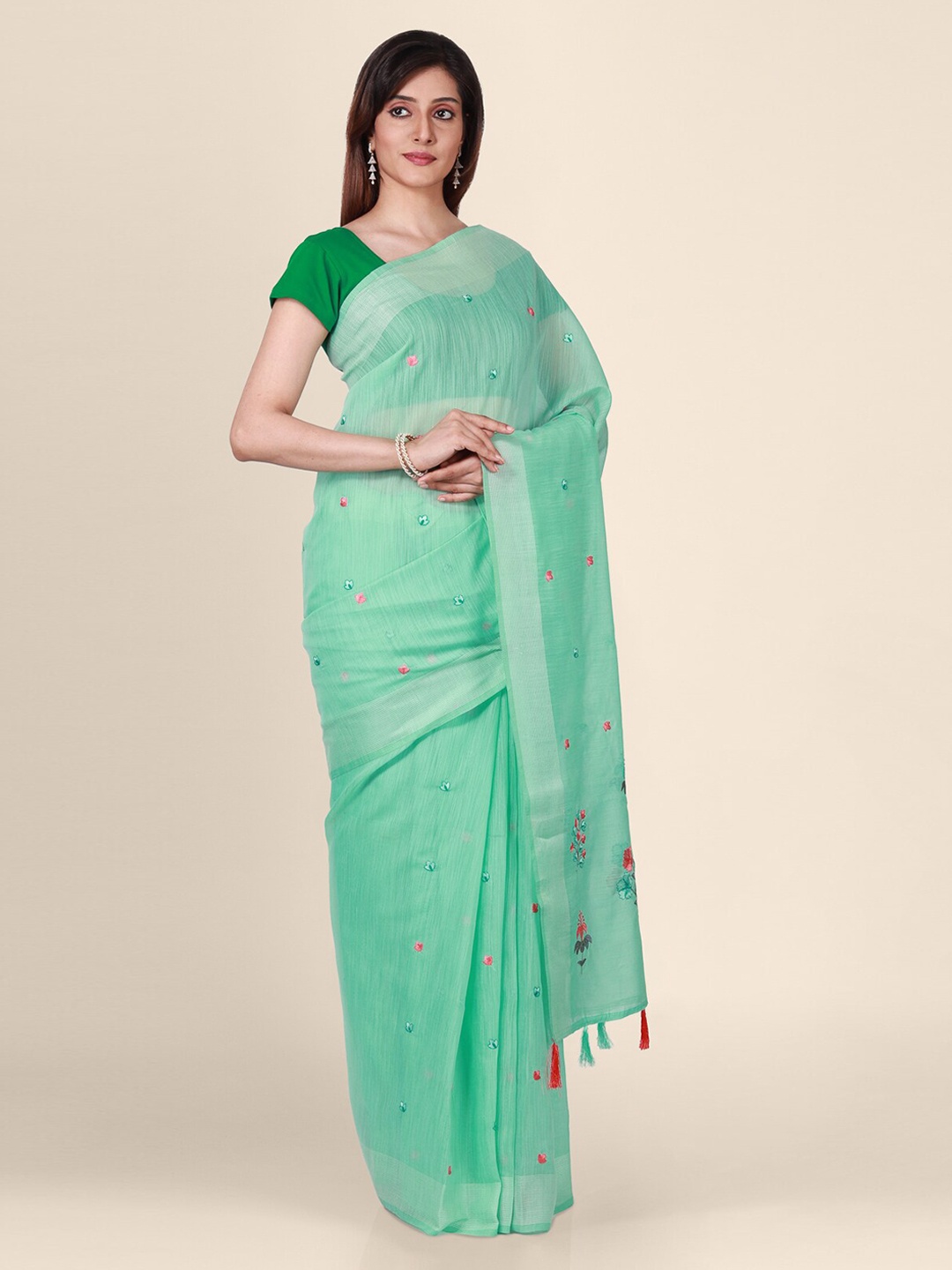 

CLAI WORLD Blue & Red Tissue Checked Saree