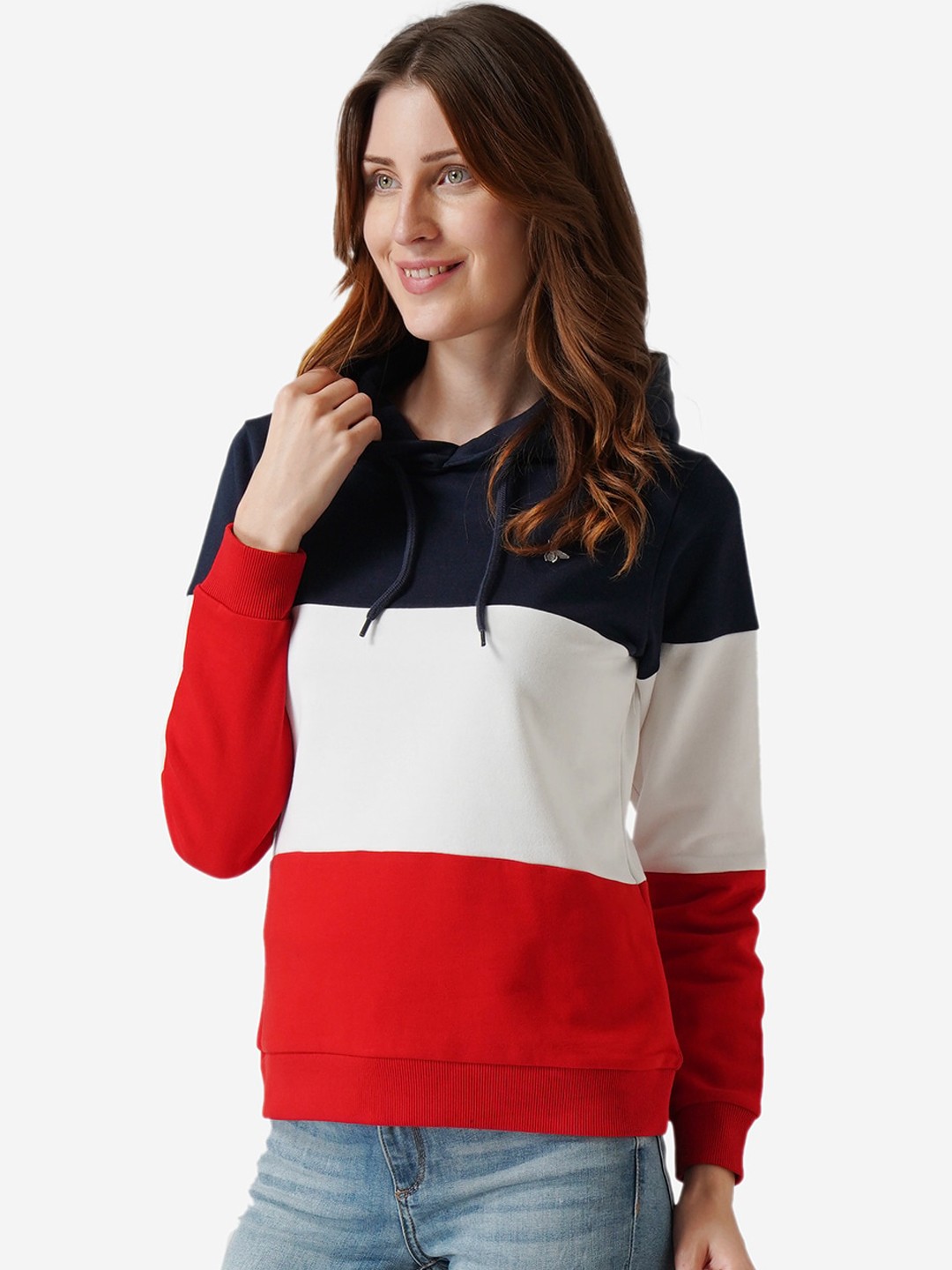 

Mode by Red Tape Women Navy Blue & Red Colourblocked Hooded Sweatshirt
