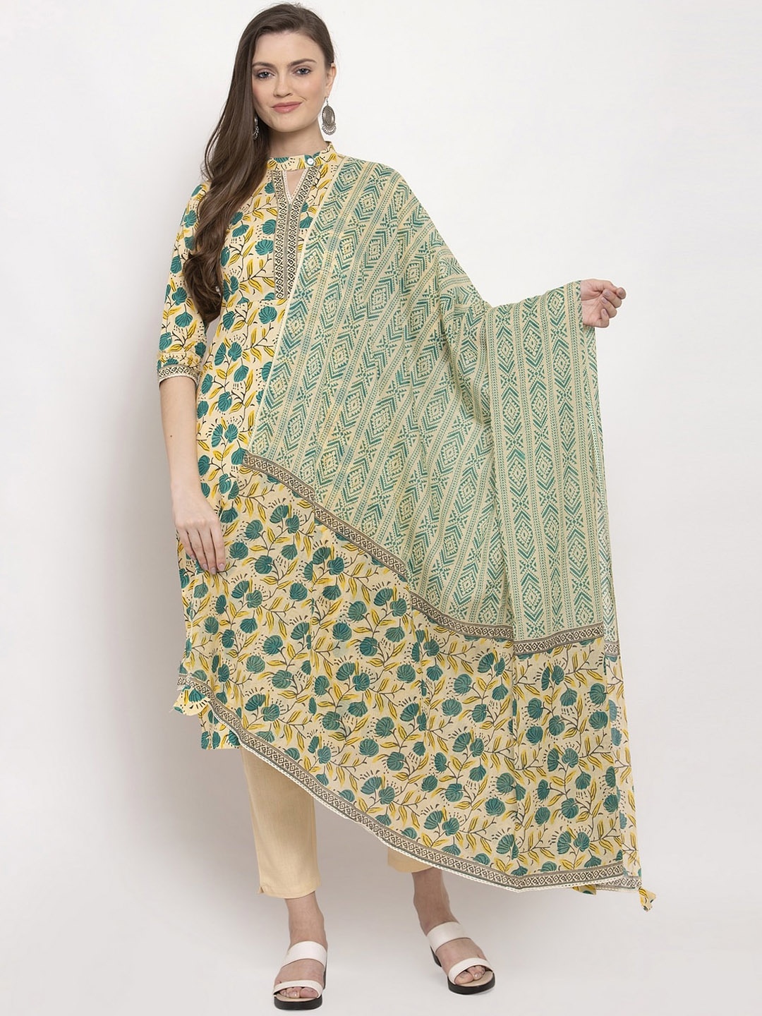 Indibelle Women Cream-Coloured & Blue Floral Printed Kurta with Trousers & Dupatta