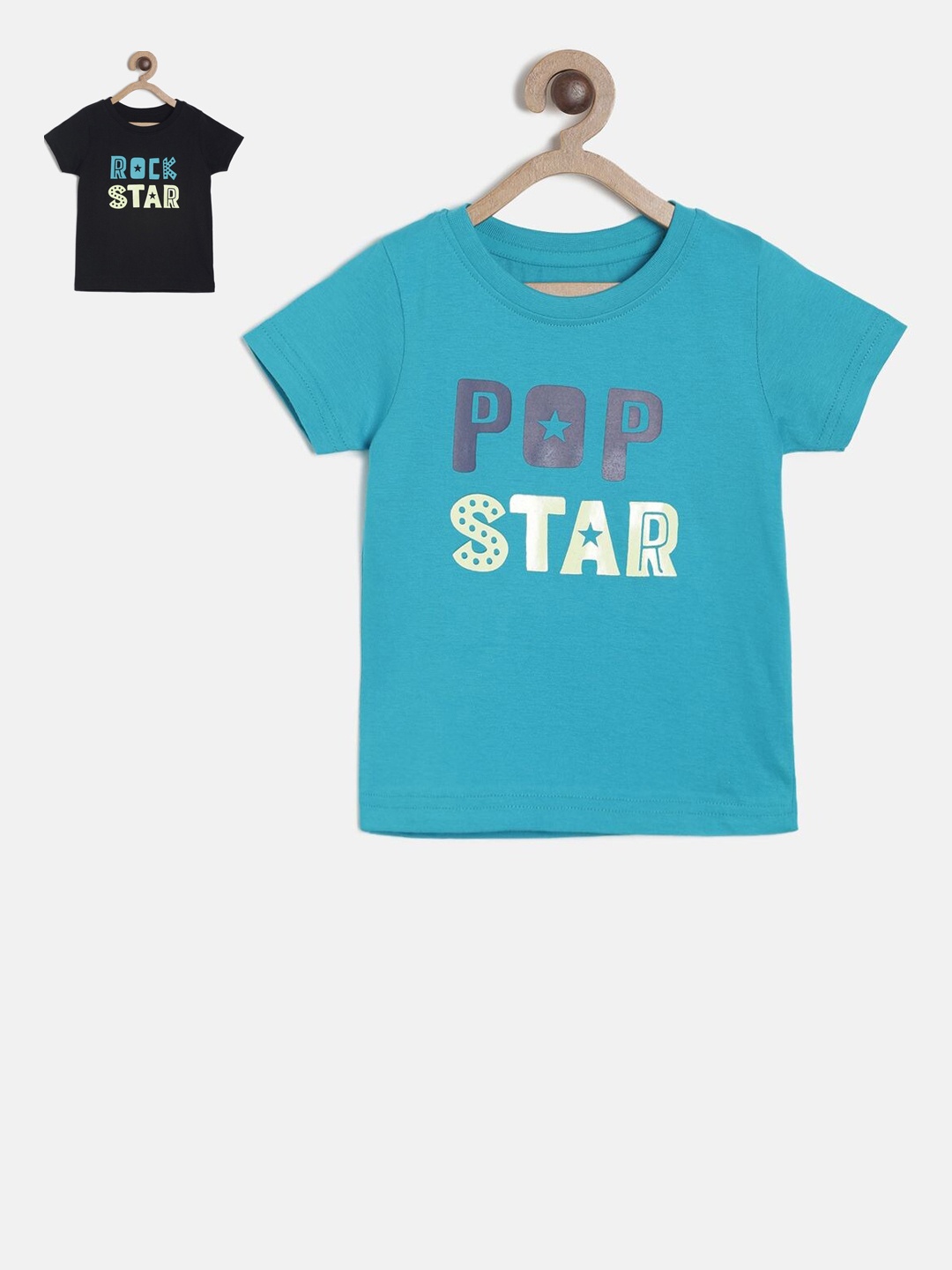 MINI KLUB Boys Pack Of 2 Printed Round Neck Pure Cotton T-shirt, Blue
