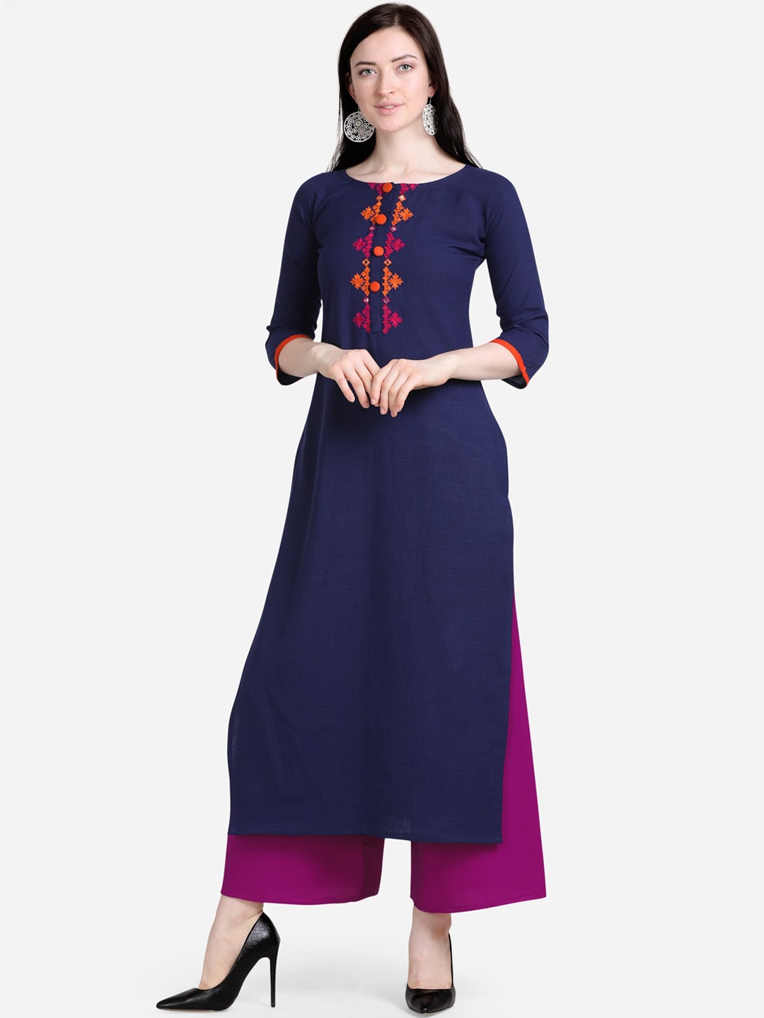 

Florence Women Navy Blue Embroidered Kurta with Palazzos
