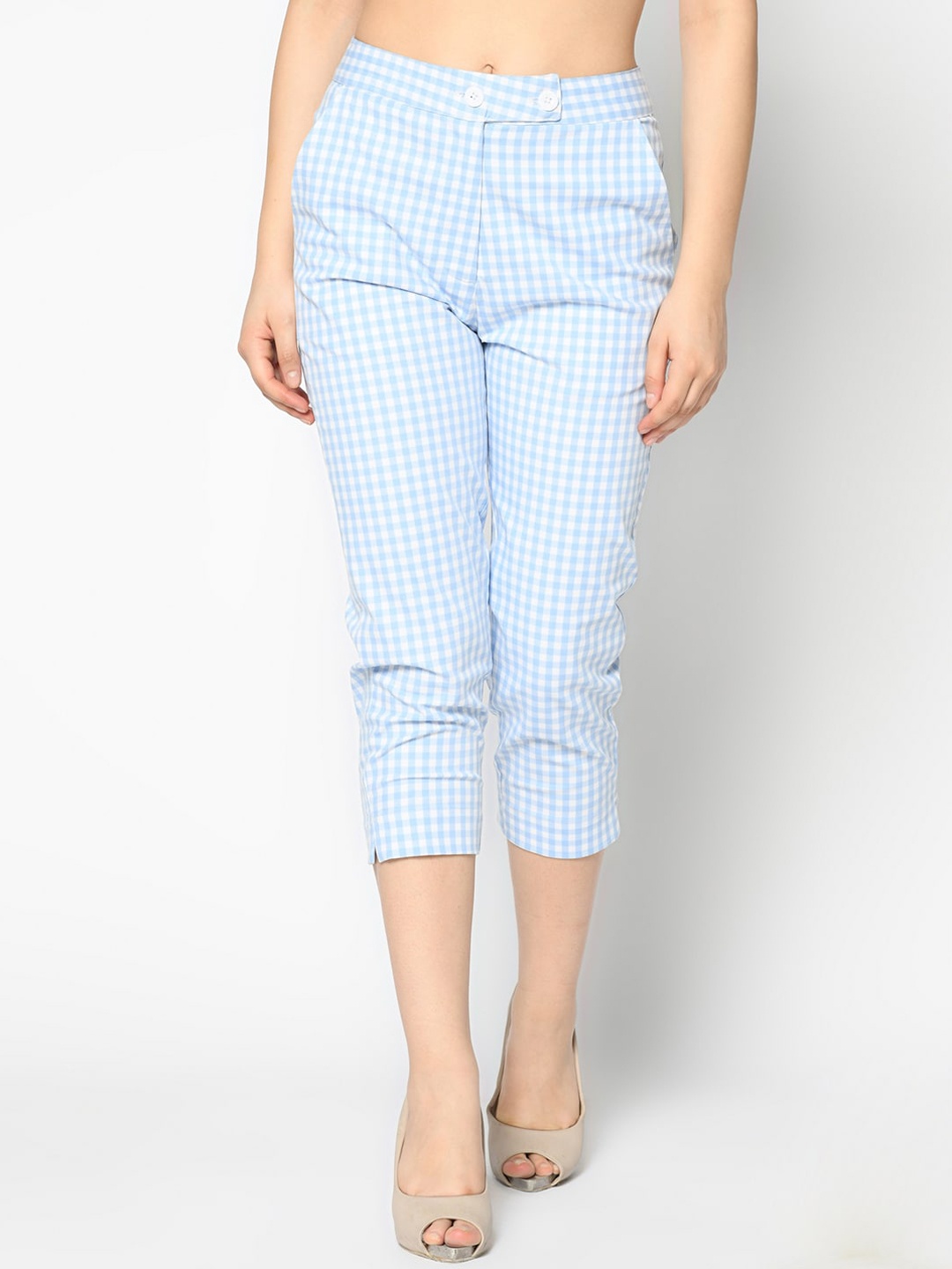 

SQew Women Blue & White Slim Fit Checked Cigarette Trousers