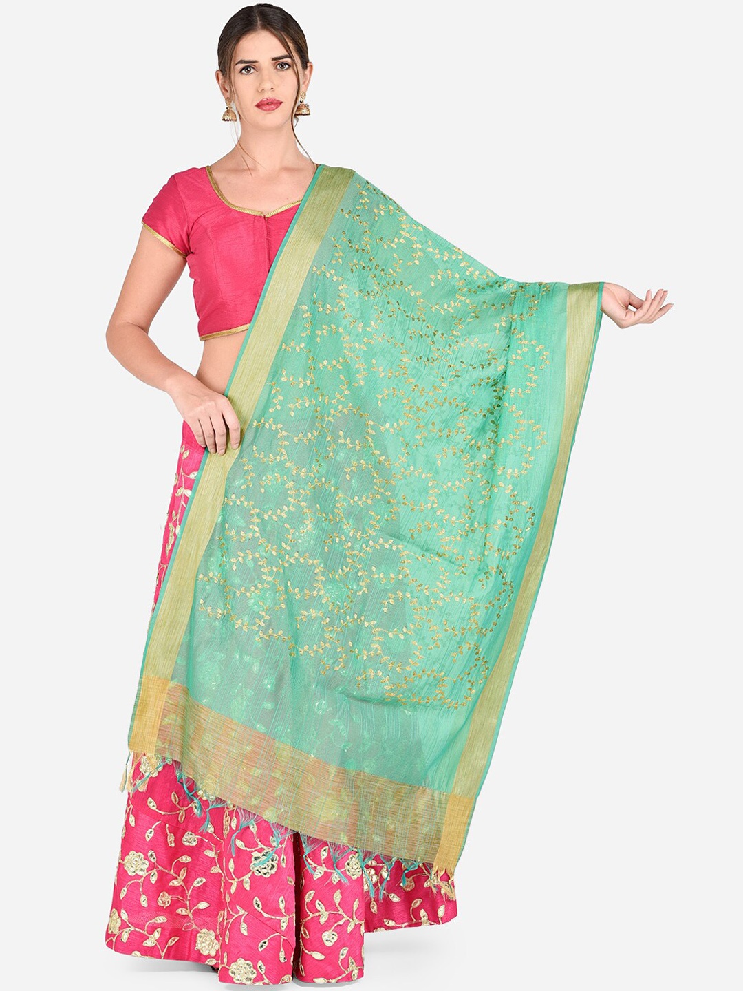 

Dupatta Bazaar Sea Green & Gold-Toned Embroidered Dupatta
