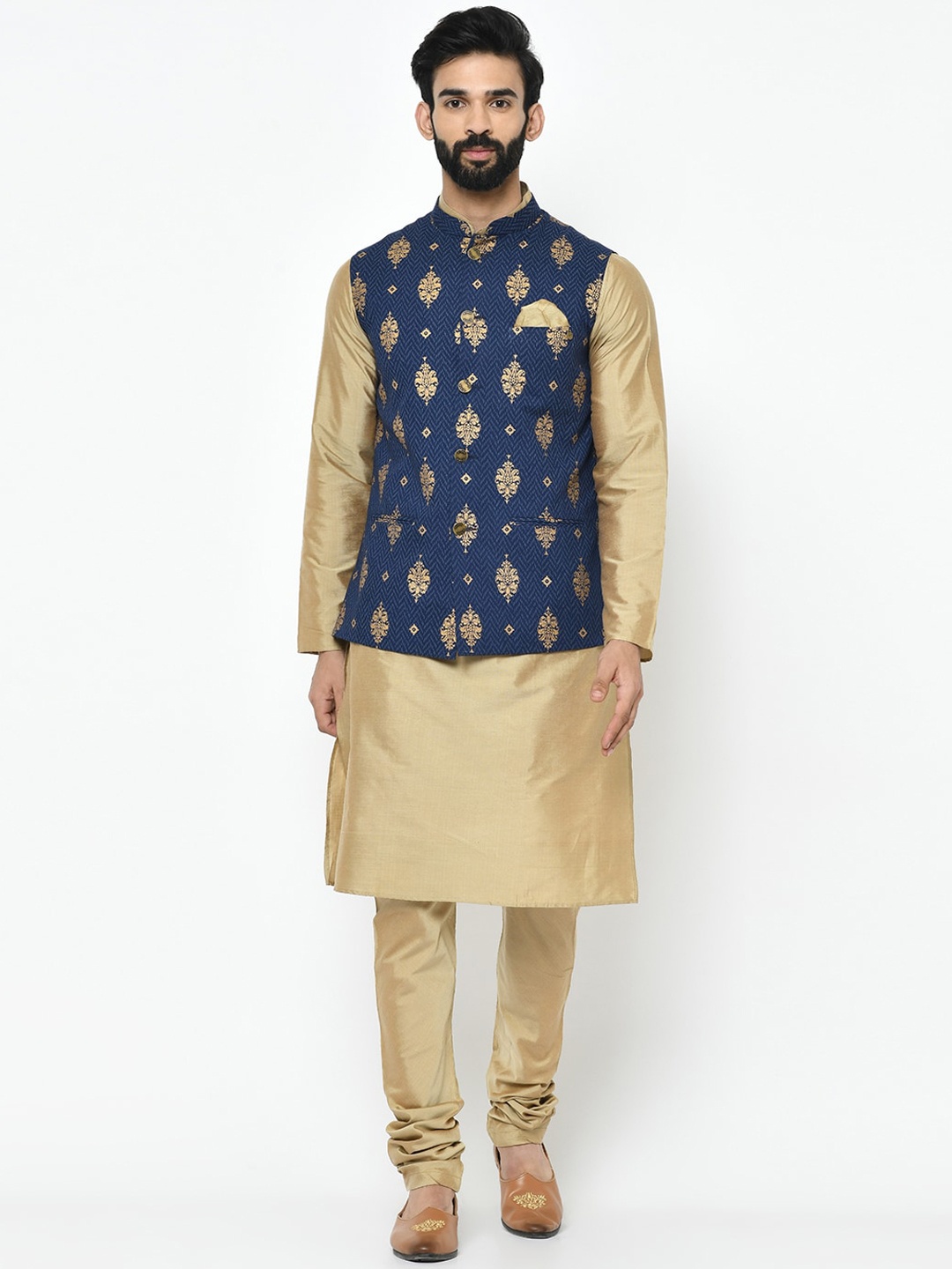 

KISAH Men Gold-Toned Solid Kurta with Churidar & Nehru Jacket