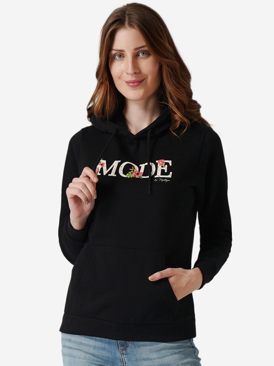 

Mode by Red Tape Women Black Printed Hooded Sweatshirt