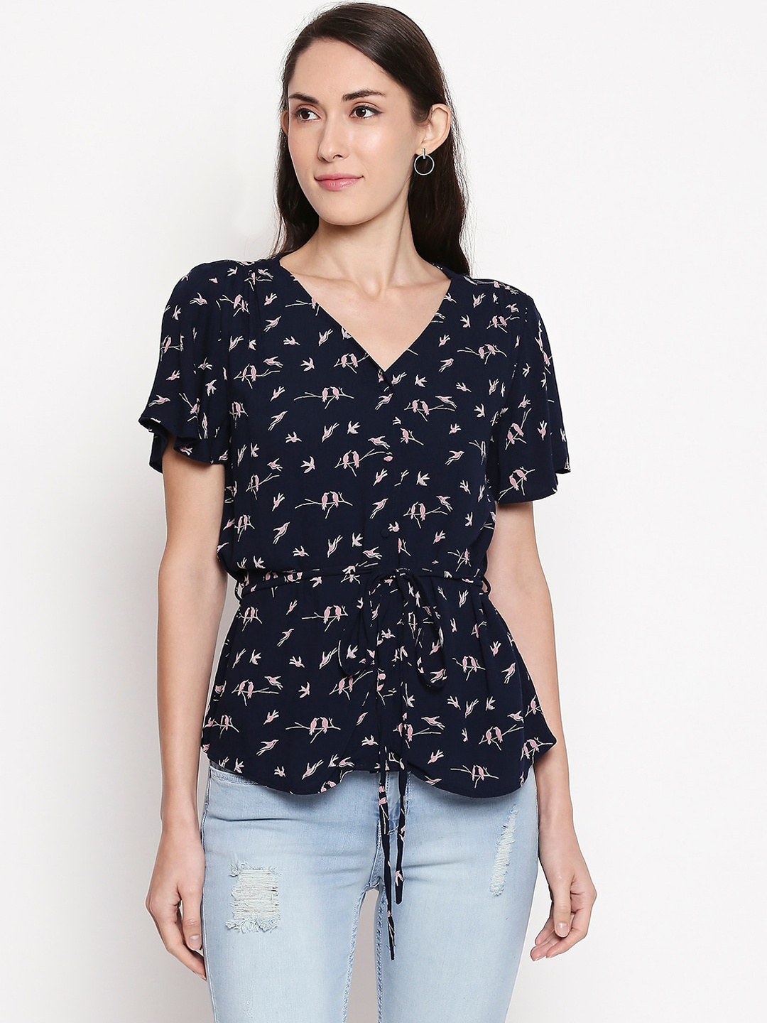 

Honey by Pantaloons Women Navy Blue Printed Shirt Style Top