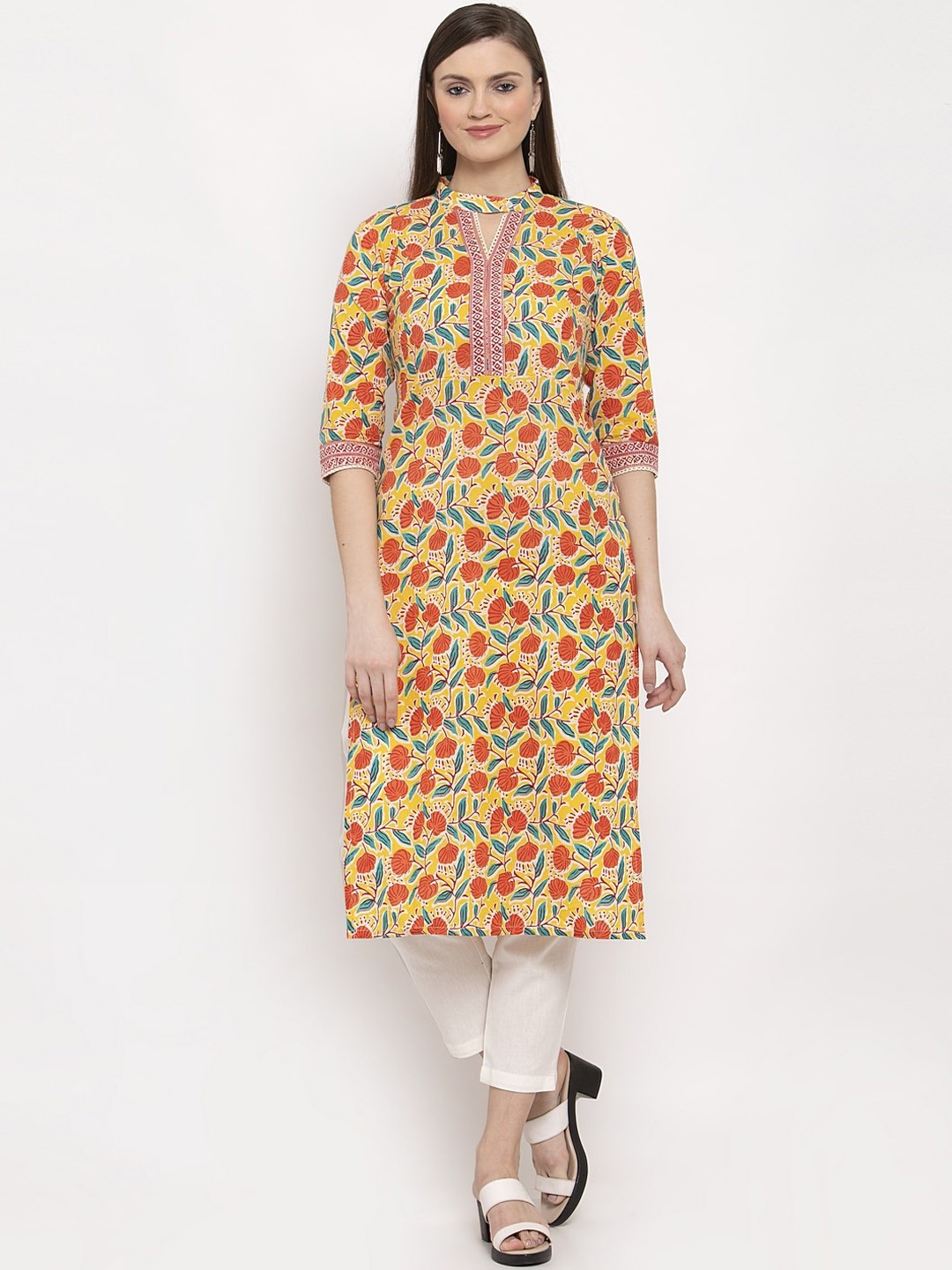 

Indibelle Women Yellow & Red Printed Straight Kurta