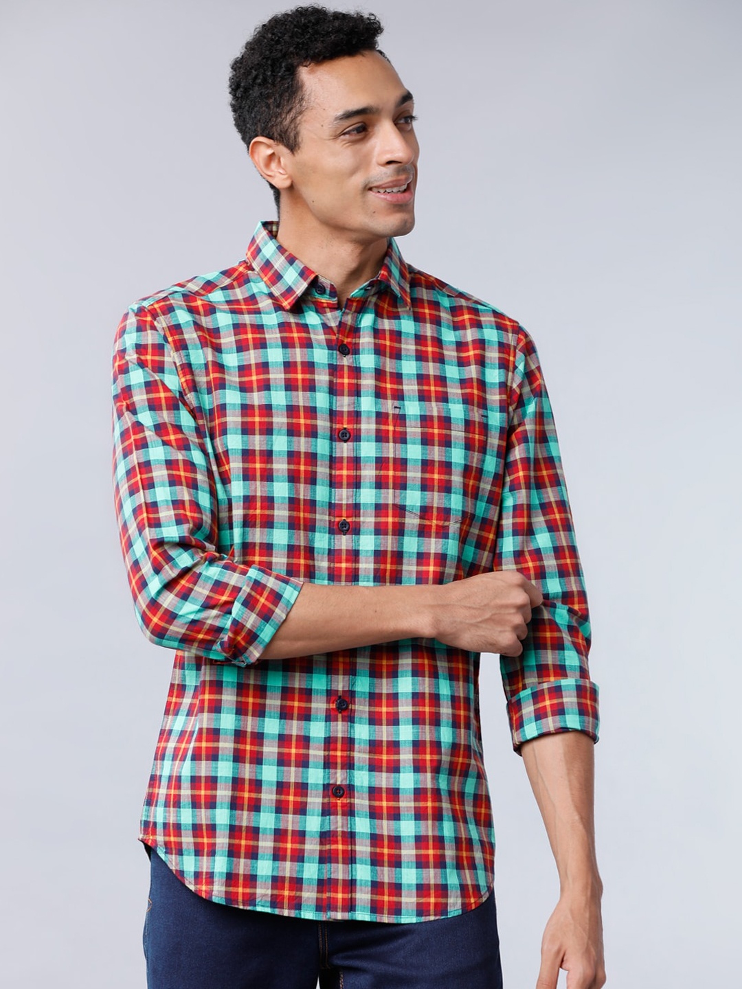 HIGHLANDER Men Sea Green & Maroon Slim Fit Checked Casual Shirt